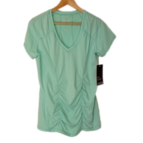 Zella Tops - NWT Zella Flex Fit Ruched Workout Blue szXL short sleeve cotton spandex v neck